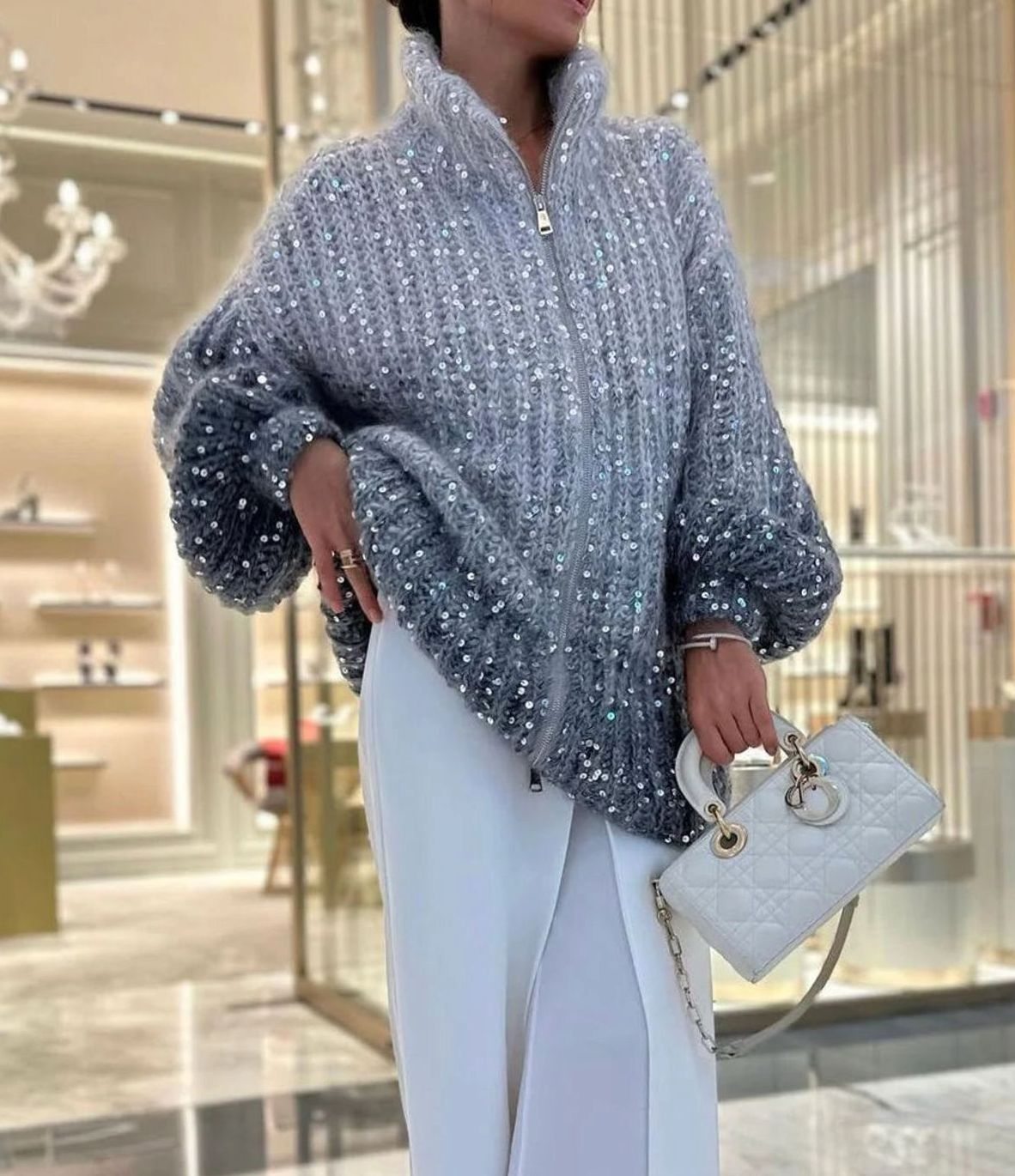 Women's Shimmer Rib-Knit Zip-Collar Cardigan with Sequins - Grey Gradient