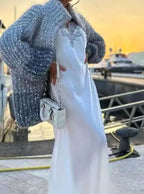 Women's Shimmer Rib-Knit Zip-Collar Cardigan with Sequins