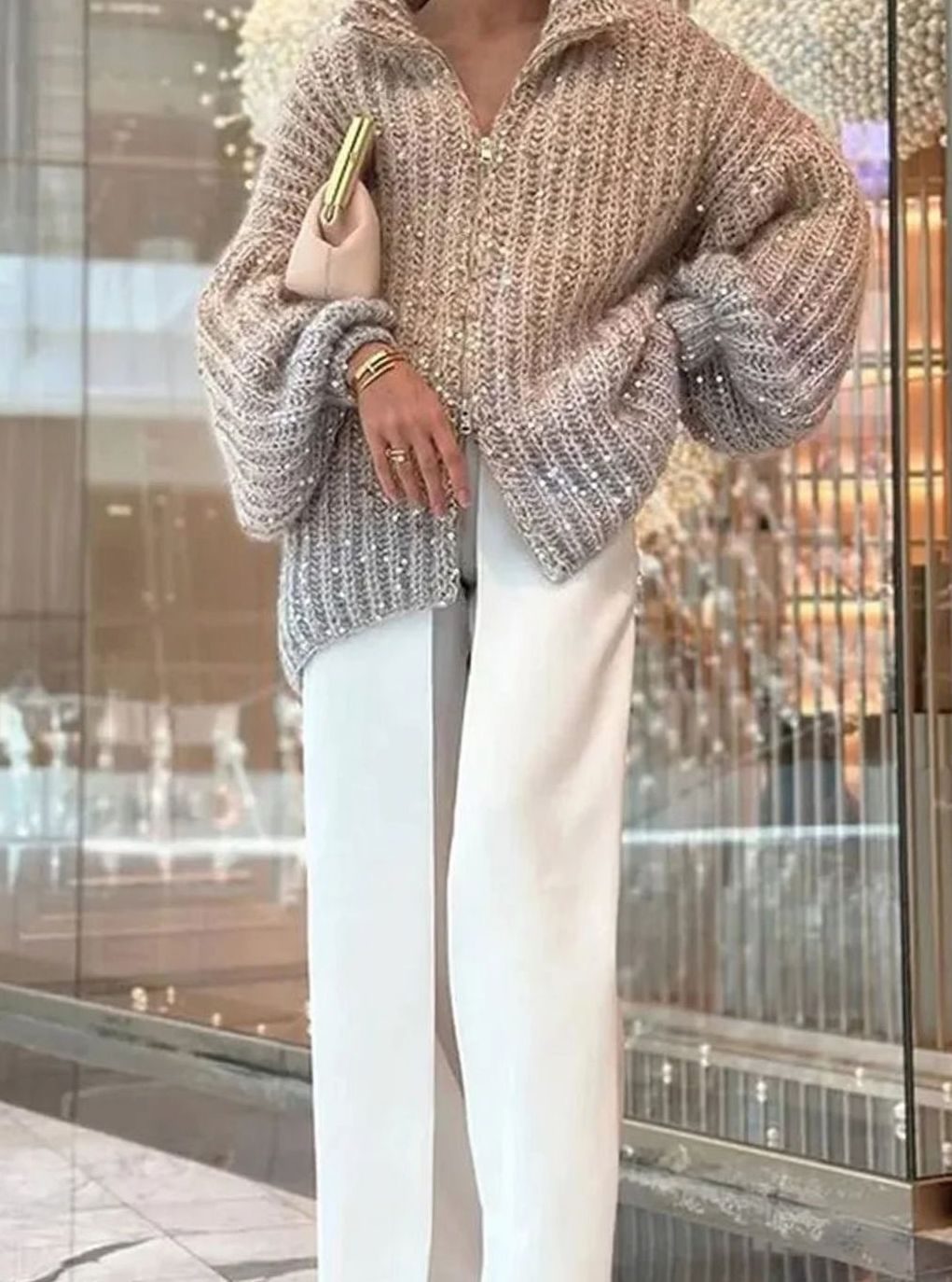 Women's Shimmer Rib-Knit Zip-Collar Cardigan with Sequins