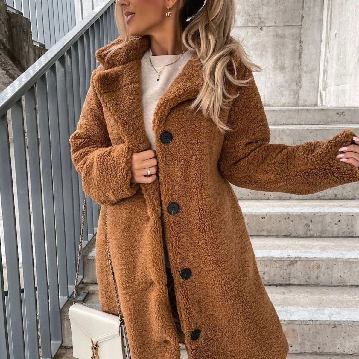 Women's Oversized Below-the-Knee Teddy Fleece Coat - Brown