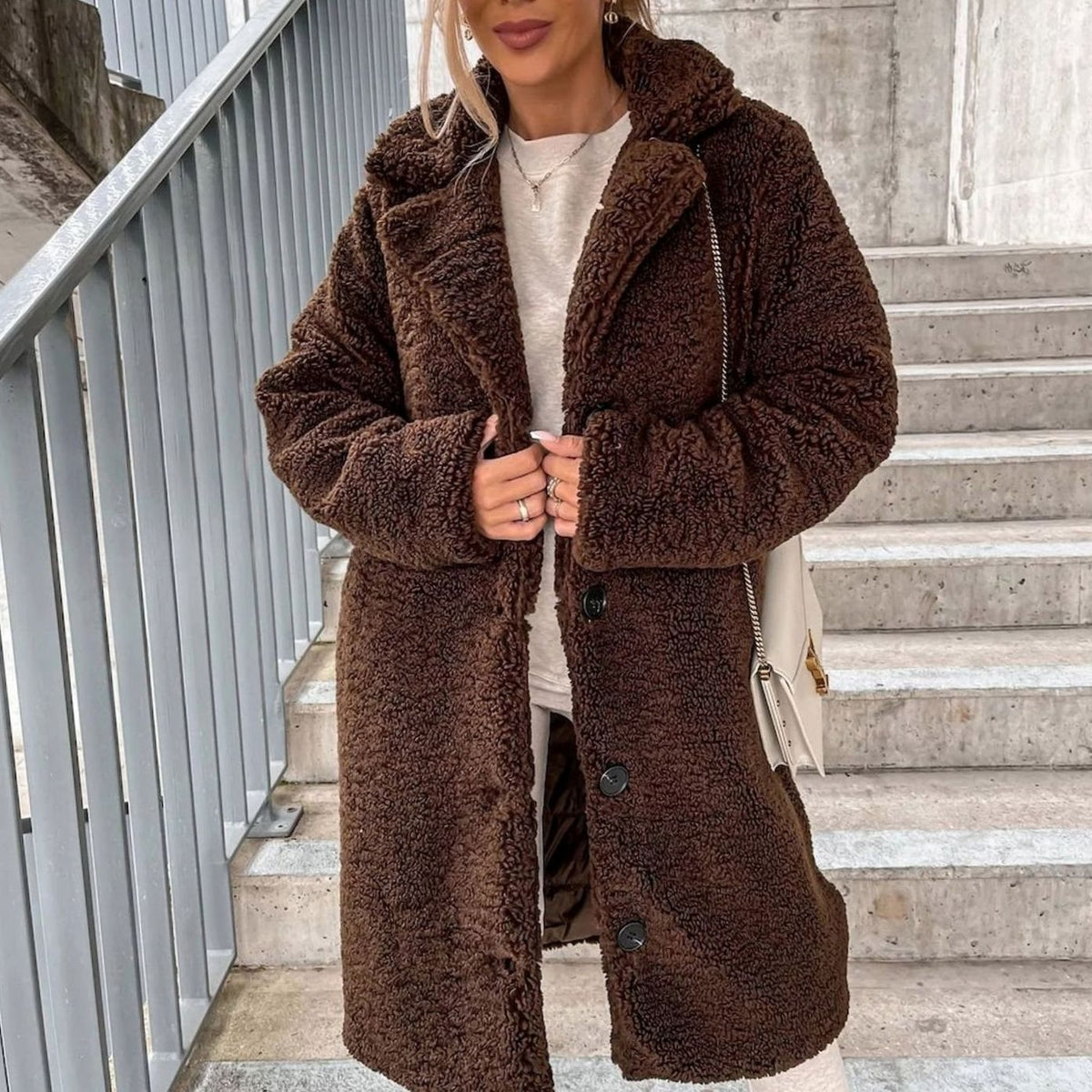Women's Oversized Below-the-Knee Teddy Fleece Coat - Dark Brown