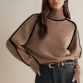 Women's Stripe-Edged Ribbed High Neck Jumper in an Oversized Fit - Brown