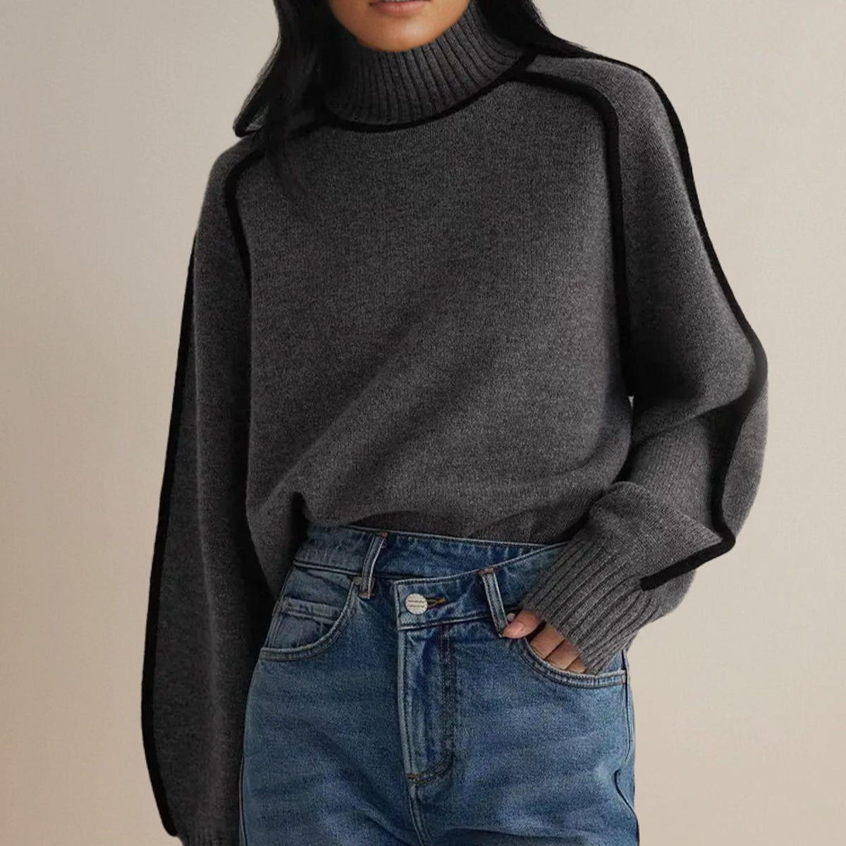 Women's Stripe-Edged Ribbed High Neck Jumper in an Oversized Fit - Grey