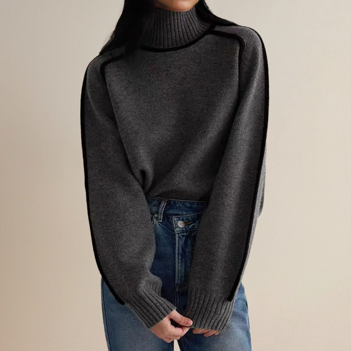 Women's Stripe-Edged Ribbed High Neck Jumper in an Oversized Fit