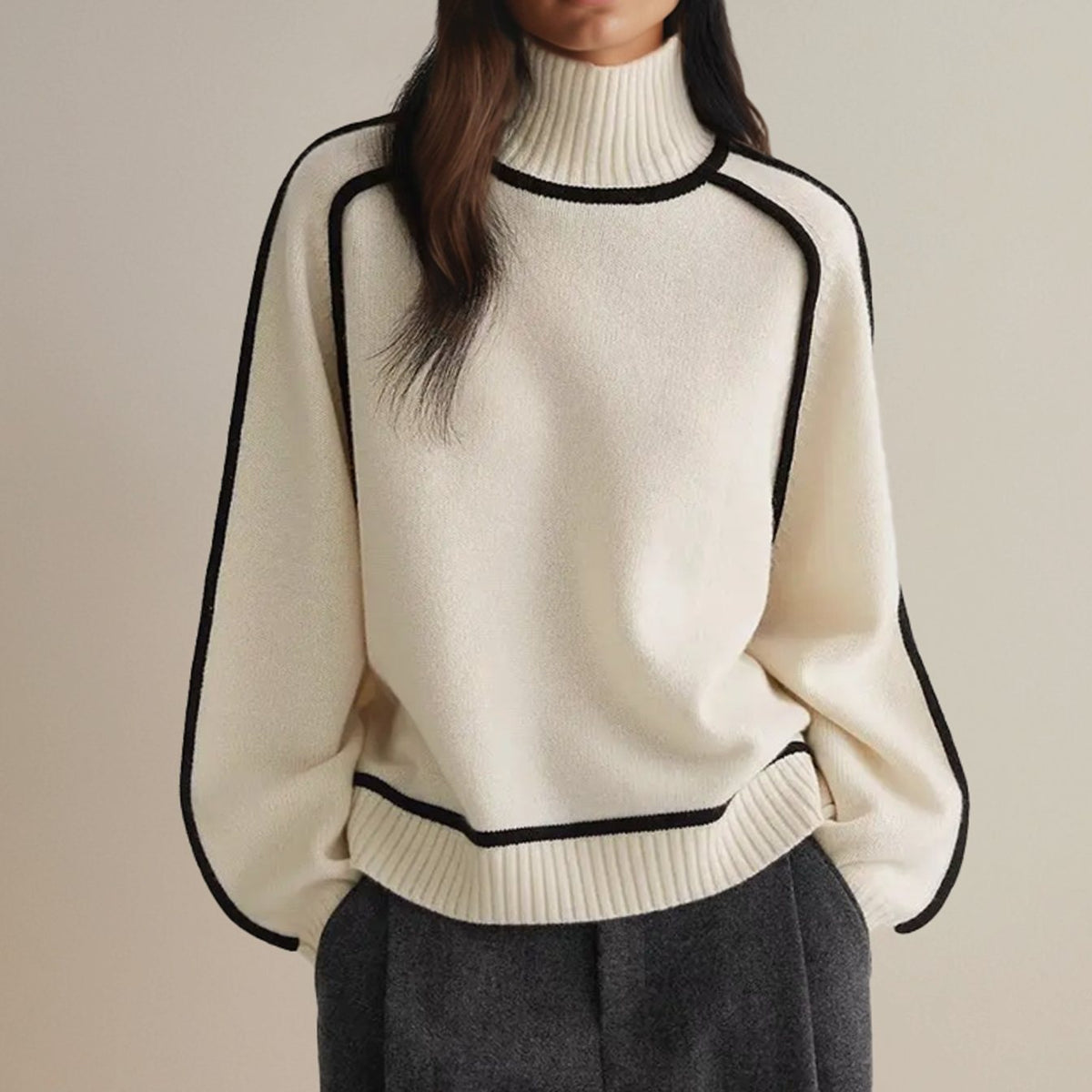 Women's Stripe-Edged Ribbed High Neck Jumper in an Oversized Fit - White
