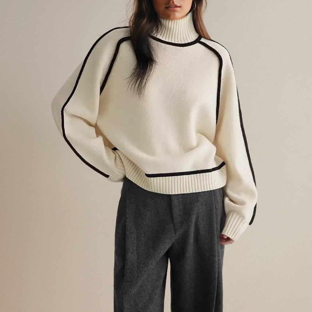 Women's Stripe-Edged Ribbed High Neck Jumper in an Oversized Fit