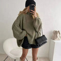 Women's Roomy Chunky-Knit Roll Neck Jumper - Green