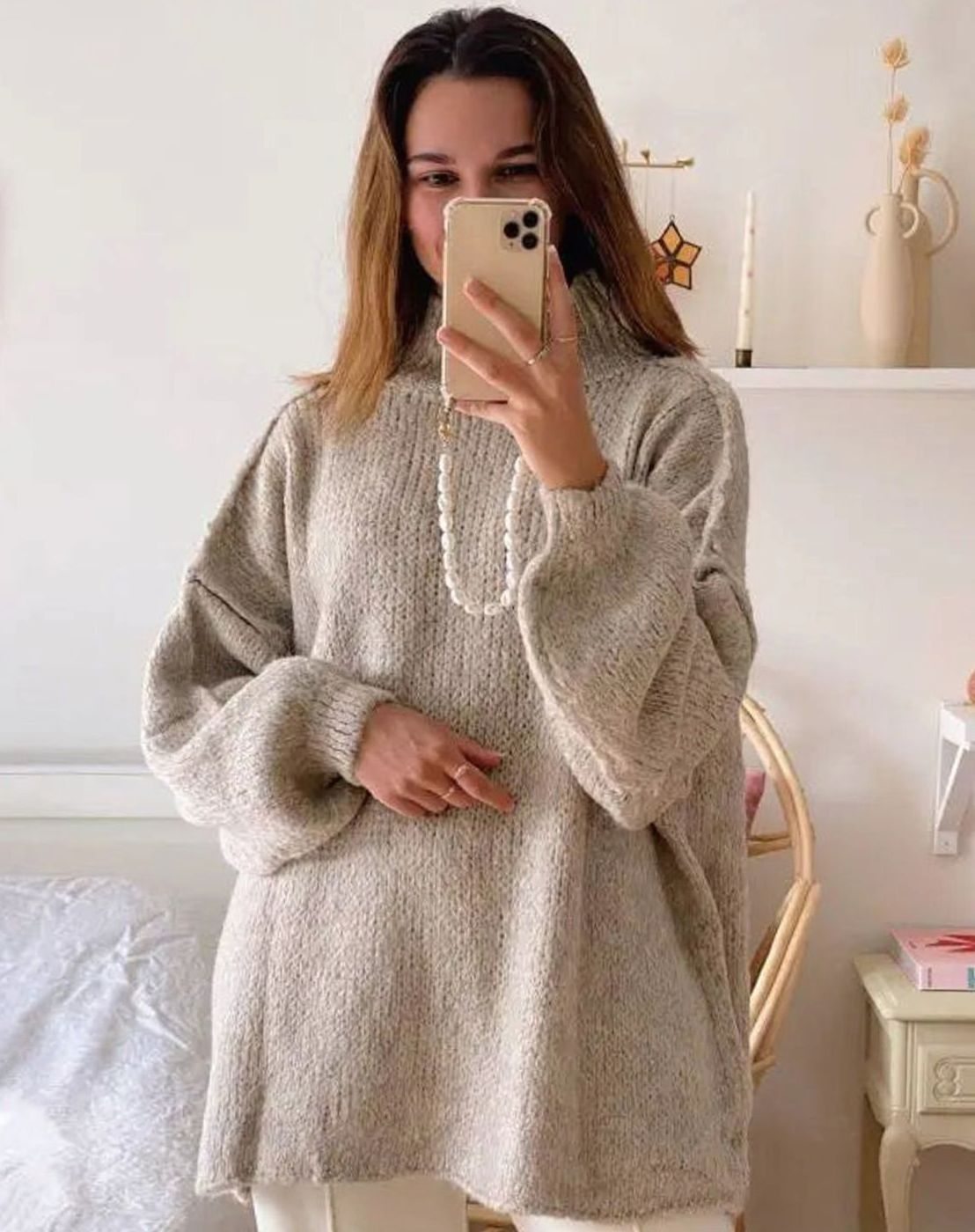 Women's Roomy Chunky-Knit Roll Neck Jumper - Khaki