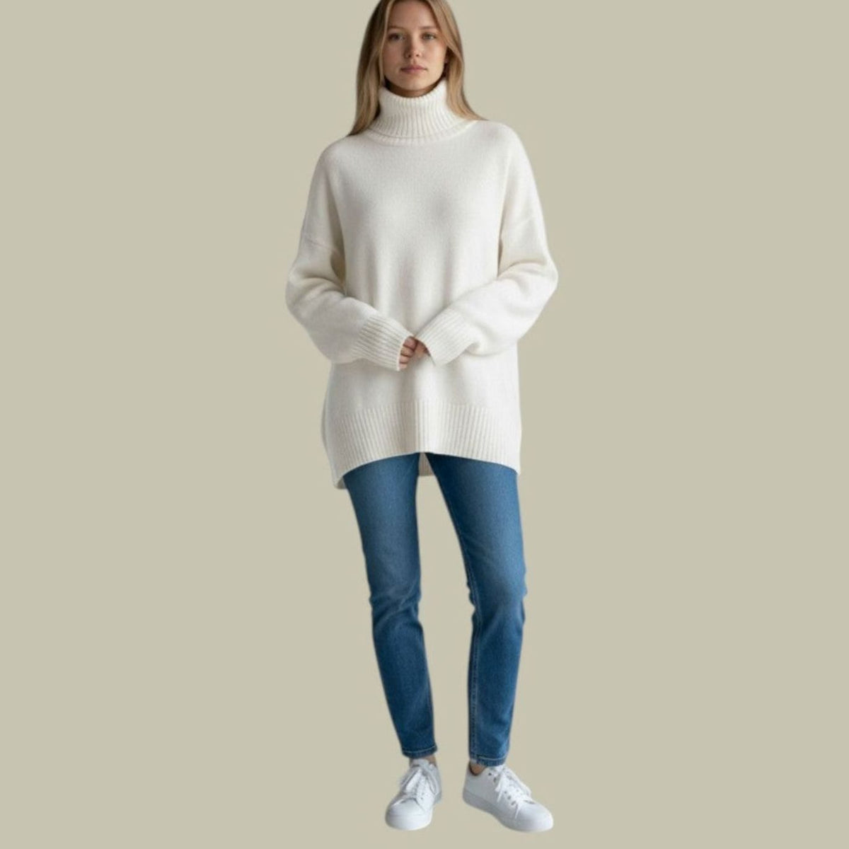 Women's Oversized Split-Side Tunic Jumper with Ribbed Polo Neck - White