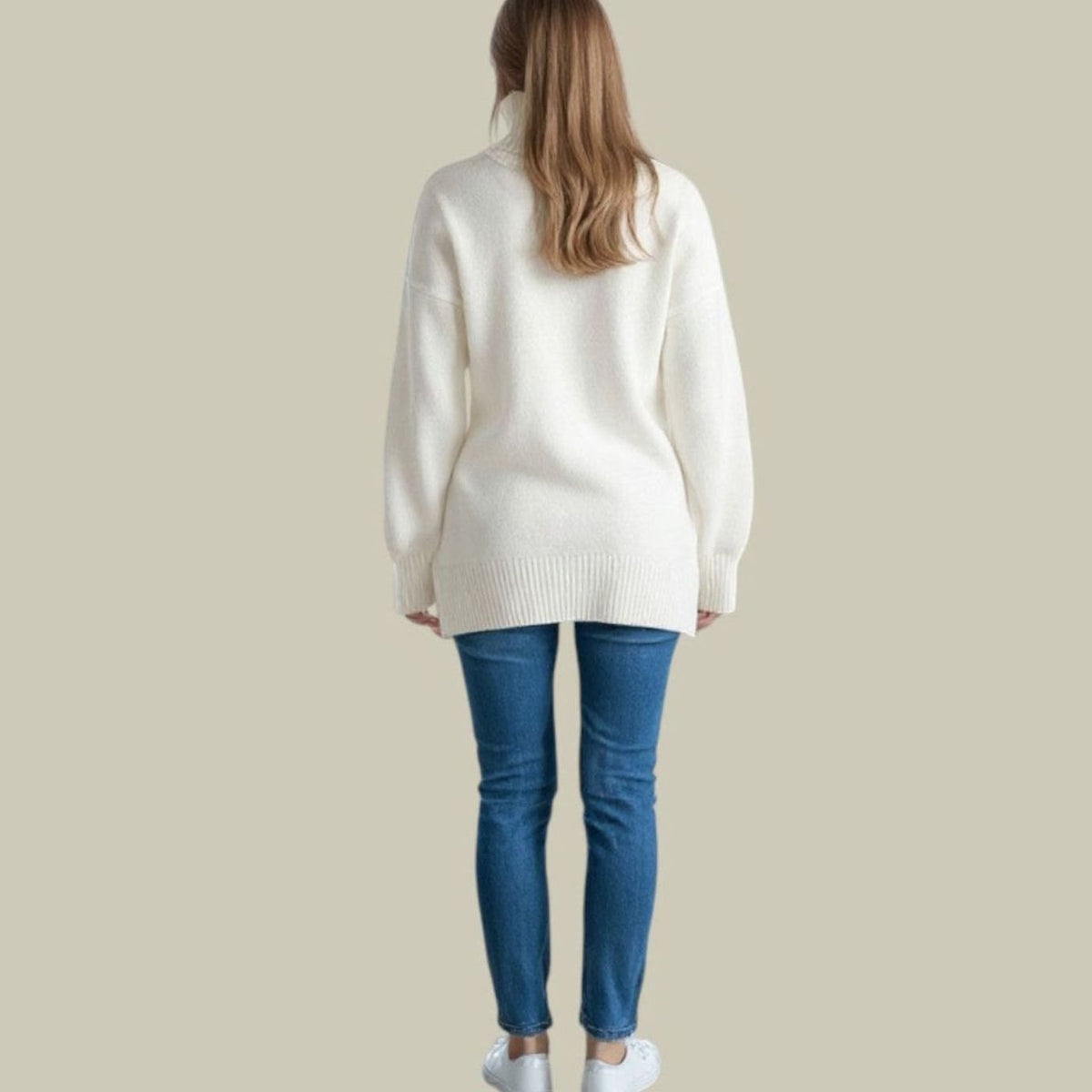 Women's Oversized Split-Side Tunic Jumper with Ribbed Polo Neck