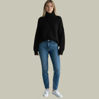 Women's Oversized Split-Side Tunic Jumper with Ribbed Polo Neck - Black