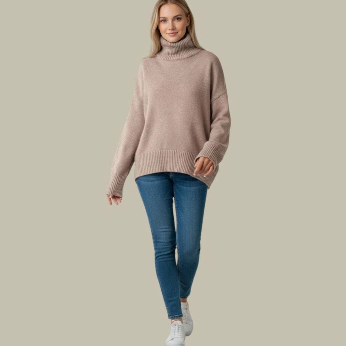 Women's Oversized Split-Side Tunic Jumper with Ribbed Polo Neck - Beige