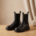 Women's Faux Leather Lug-Sole Chelsea Boots with Pull-On Fit - Black