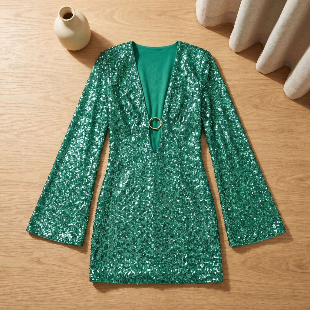 Women's Flared-Sleeve Sequin Mini Dress with Ring Plunge Neck - Green