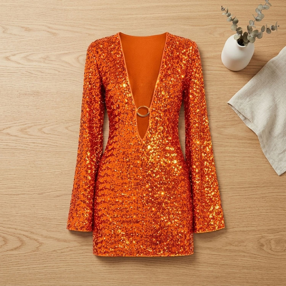 Women's Flared-Sleeve Sequin Mini Dress with Ring Plunge Neck - Orange