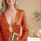 Women's Flared-Sleeve Sequin Mini Dress with Ring Plunge Neck