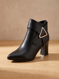 Women's Tapered-Toe Office Ankle Boots with Triangle Buckle - Black
