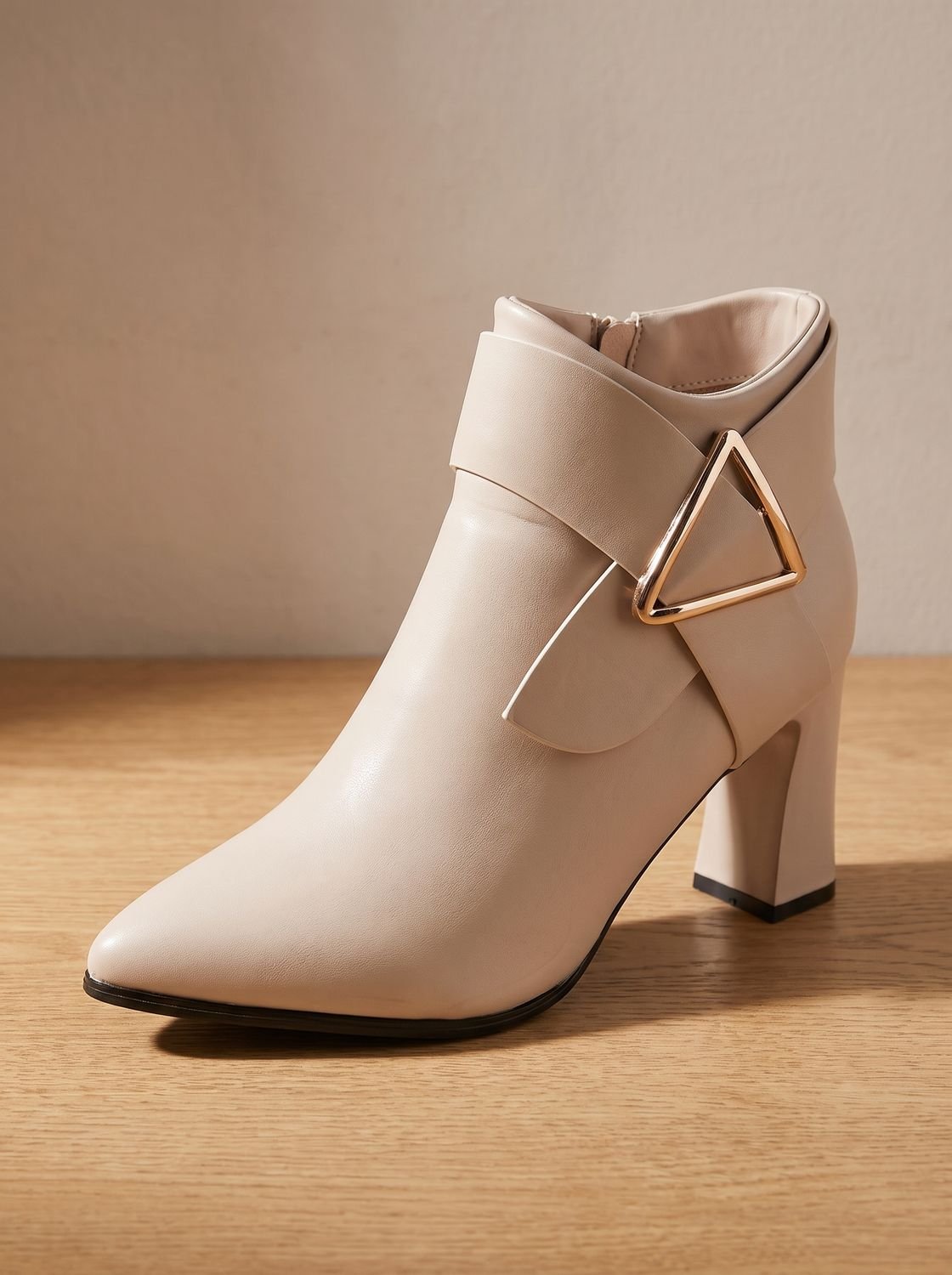 Women's Tapered-Toe Office Ankle Boots with Triangle Buckle - Beige
