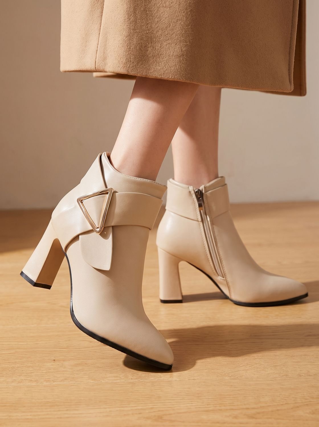 Women's Tapered-Toe Office Ankle Boots with Triangle Buckle