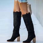 Women's Tall Pointed Suede-Look Boots with Structured Block Heel