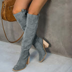 Women's Tall Pointed Suede-Look Boots with Structured Block Heel