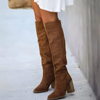 Women's Tall Pointed Suede-Look Boots with Structured Block Heel