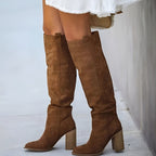 Women's Tall Pointed Suede-Look Boots with Structured Block Heel