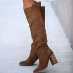 Women's Tall Pointed Suede-Look Boots with Structured Block Heel