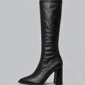 Women's Close-Fitting Faux Leather Tall Boots with Block Heel - Black