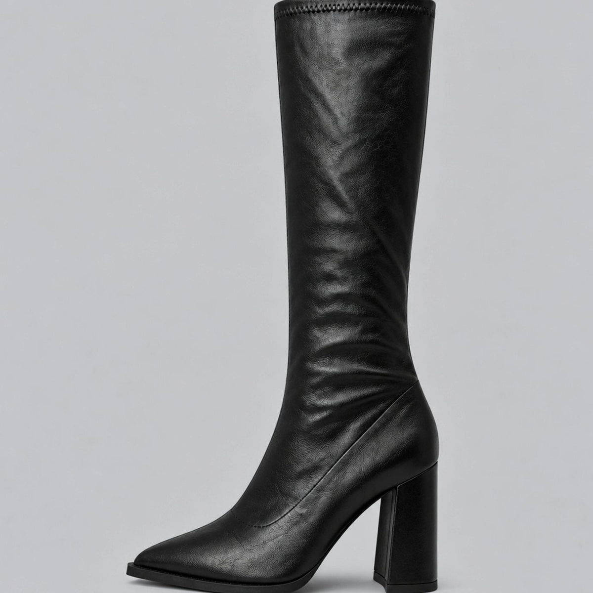 Women's Close-Fitting Faux Leather Tall Boots with Block Heel - Black
