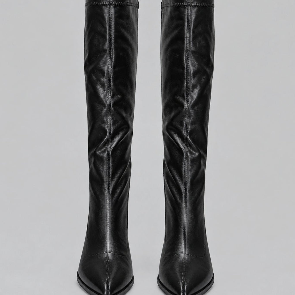 Women's Close-Fitting Faux Leather Tall Boots with Block Heel