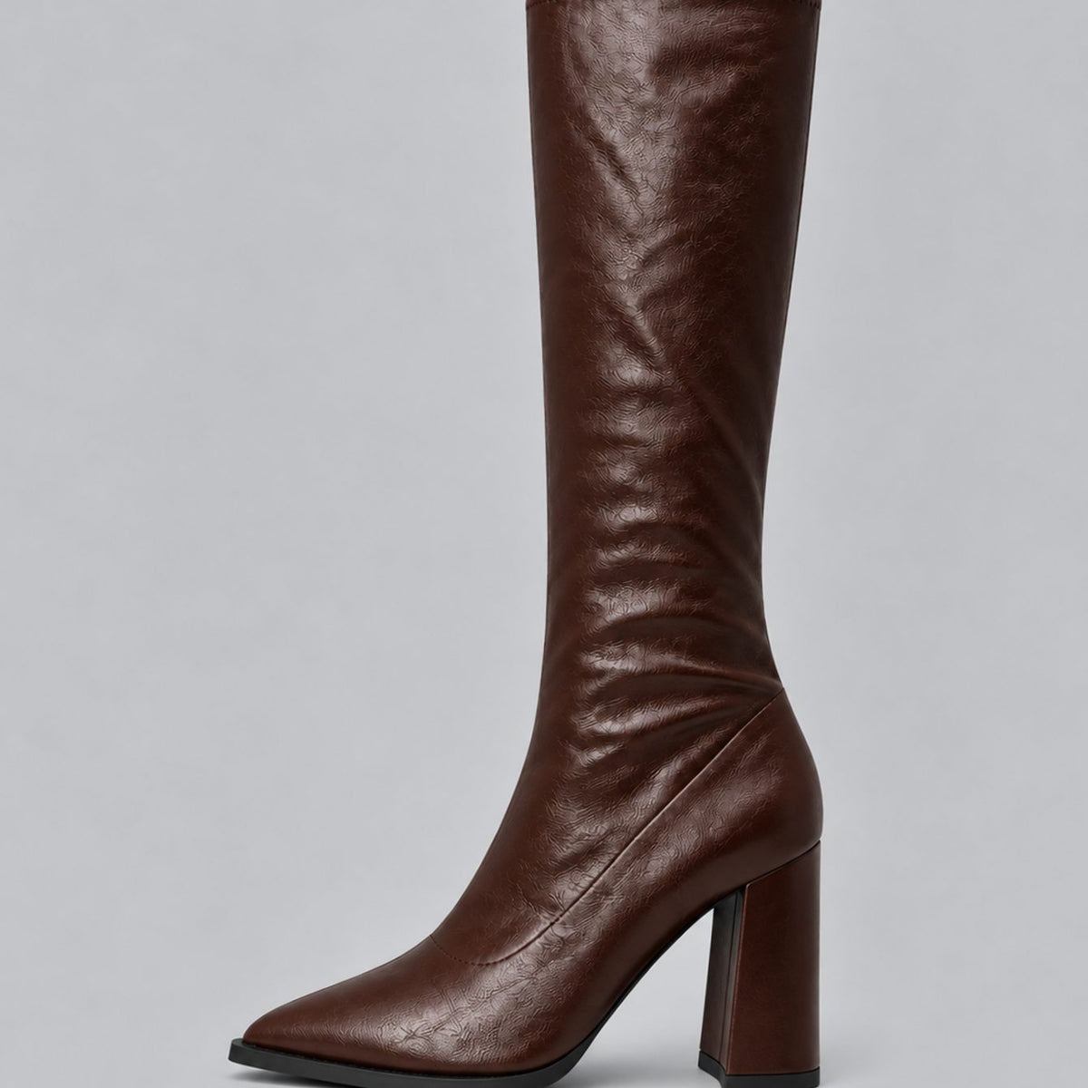 Women's Close-Fitting Faux Leather Tall Boots with Block Heel - Brown