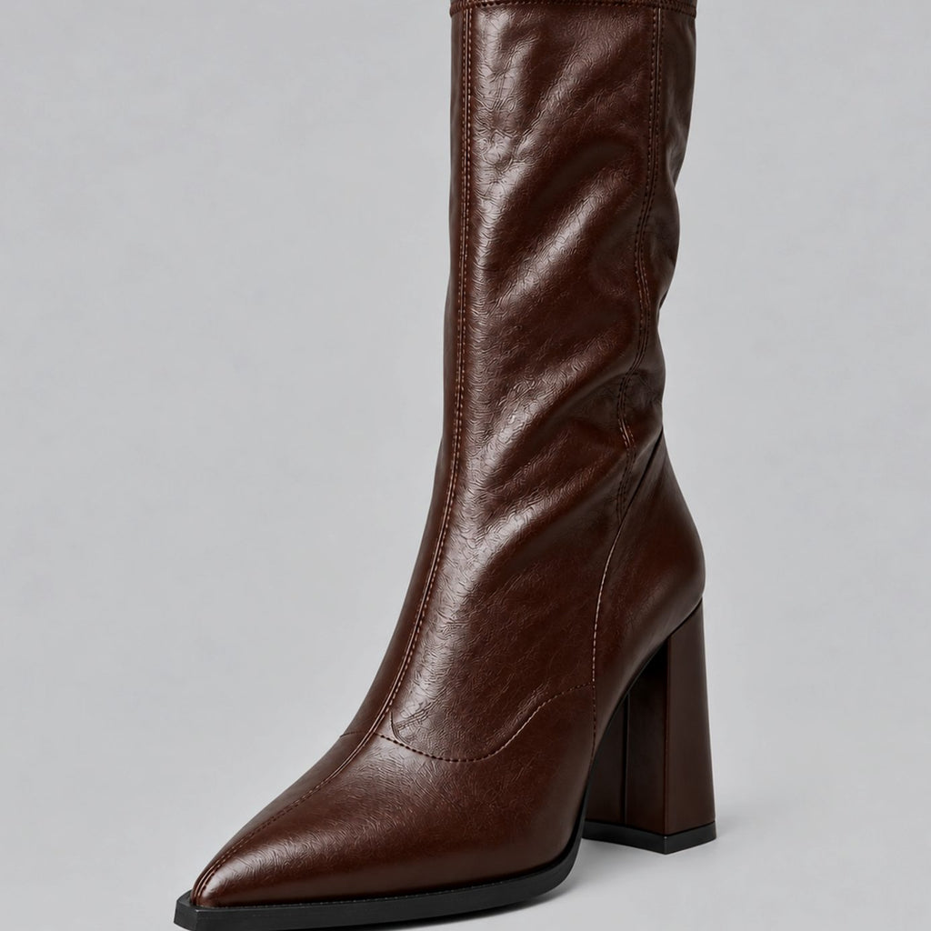 Women's Close-Fitting Faux Leather Tall Boots with Block Heel