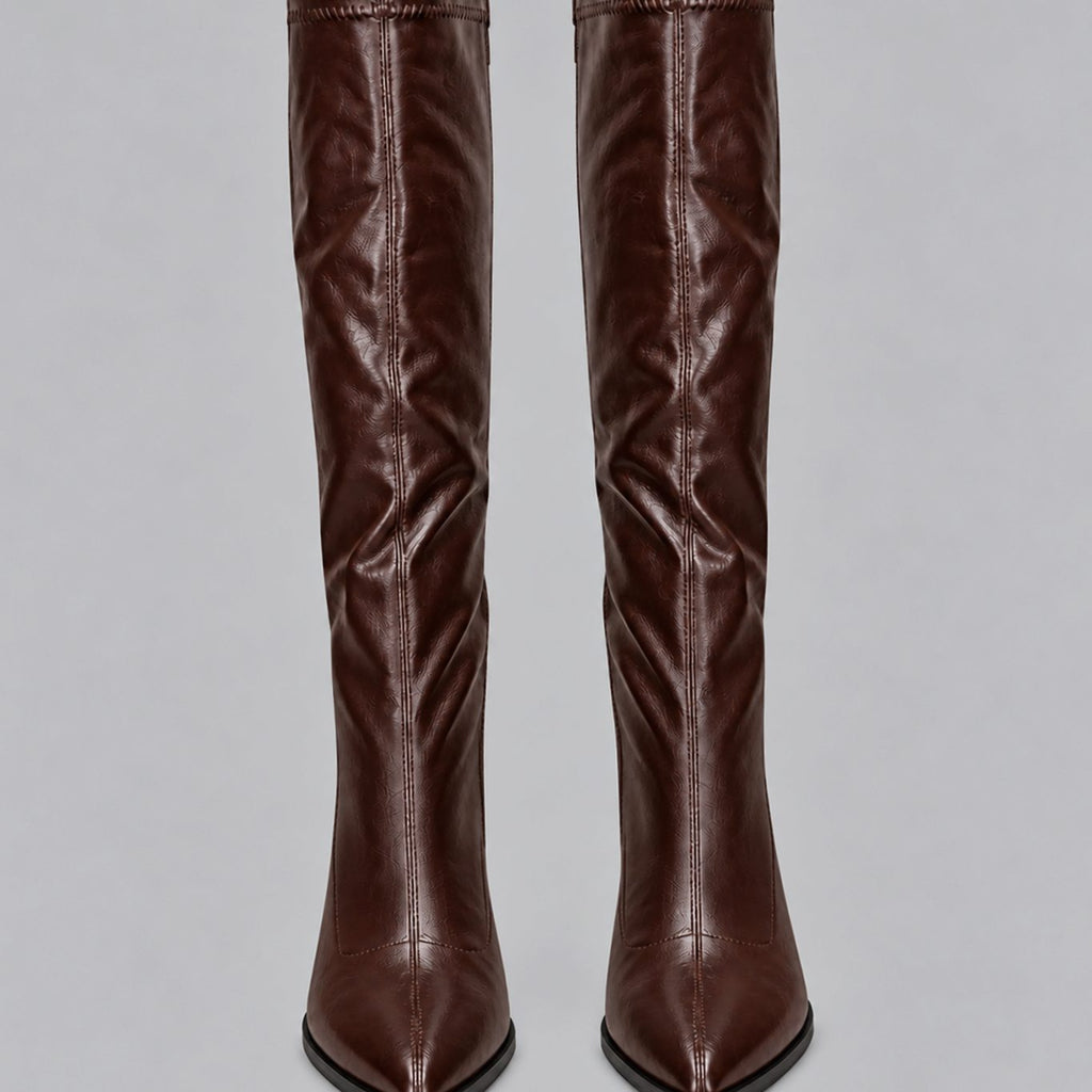 Women's Close-Fitting Faux Leather Tall Boots with Block Heel