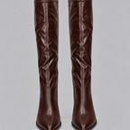 Women's Close-Fitting Faux Leather Tall Boots with Block Heel