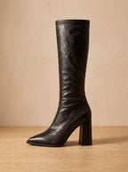 Women's Slim-Fit Pointed Faux Leather Knee Boots with Block Heel - Black