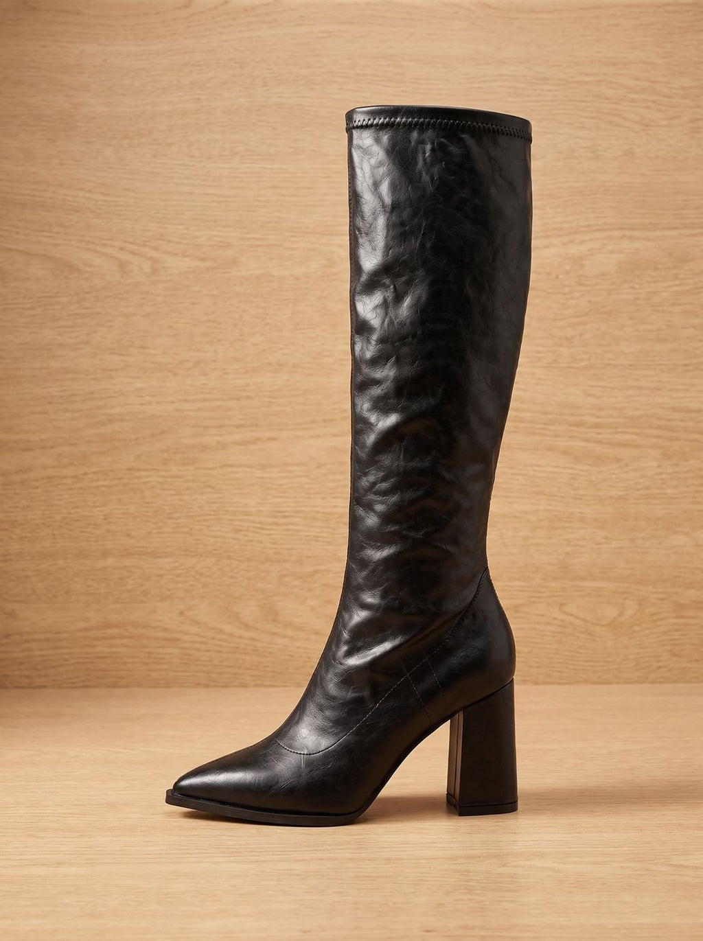 Women's Slim-Fit Pointed Faux Leather Knee Boots with Block Heel