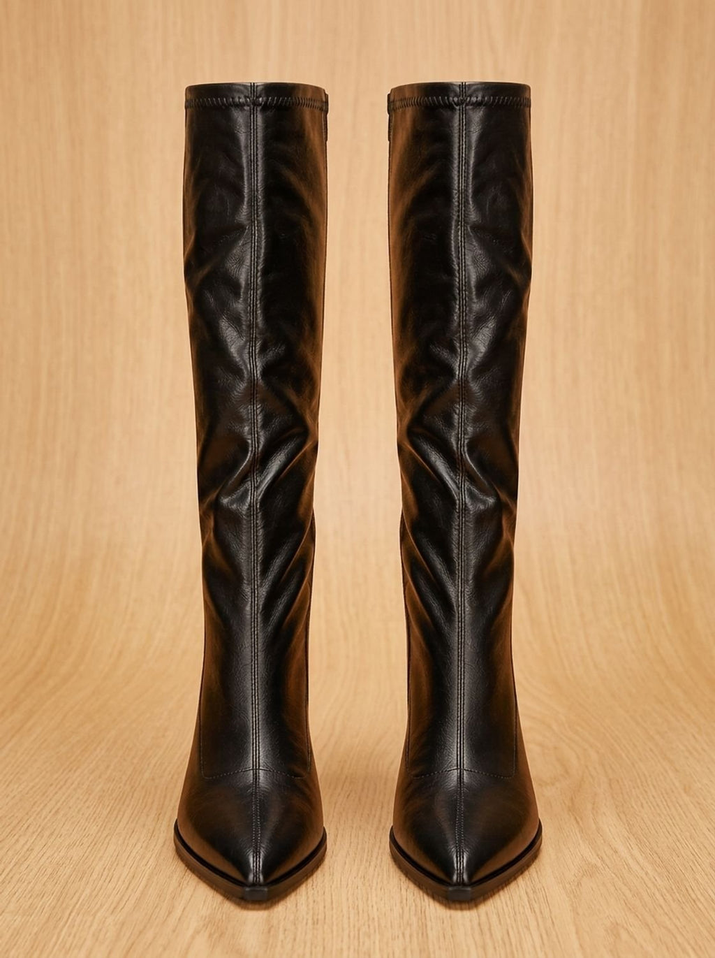 Women's Slim-Fit Pointed Faux Leather Knee Boots with Block Heel