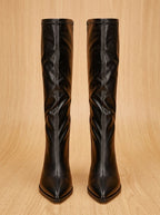 Women's Slim-Fit Pointed Faux Leather Knee Boots with Block Heel