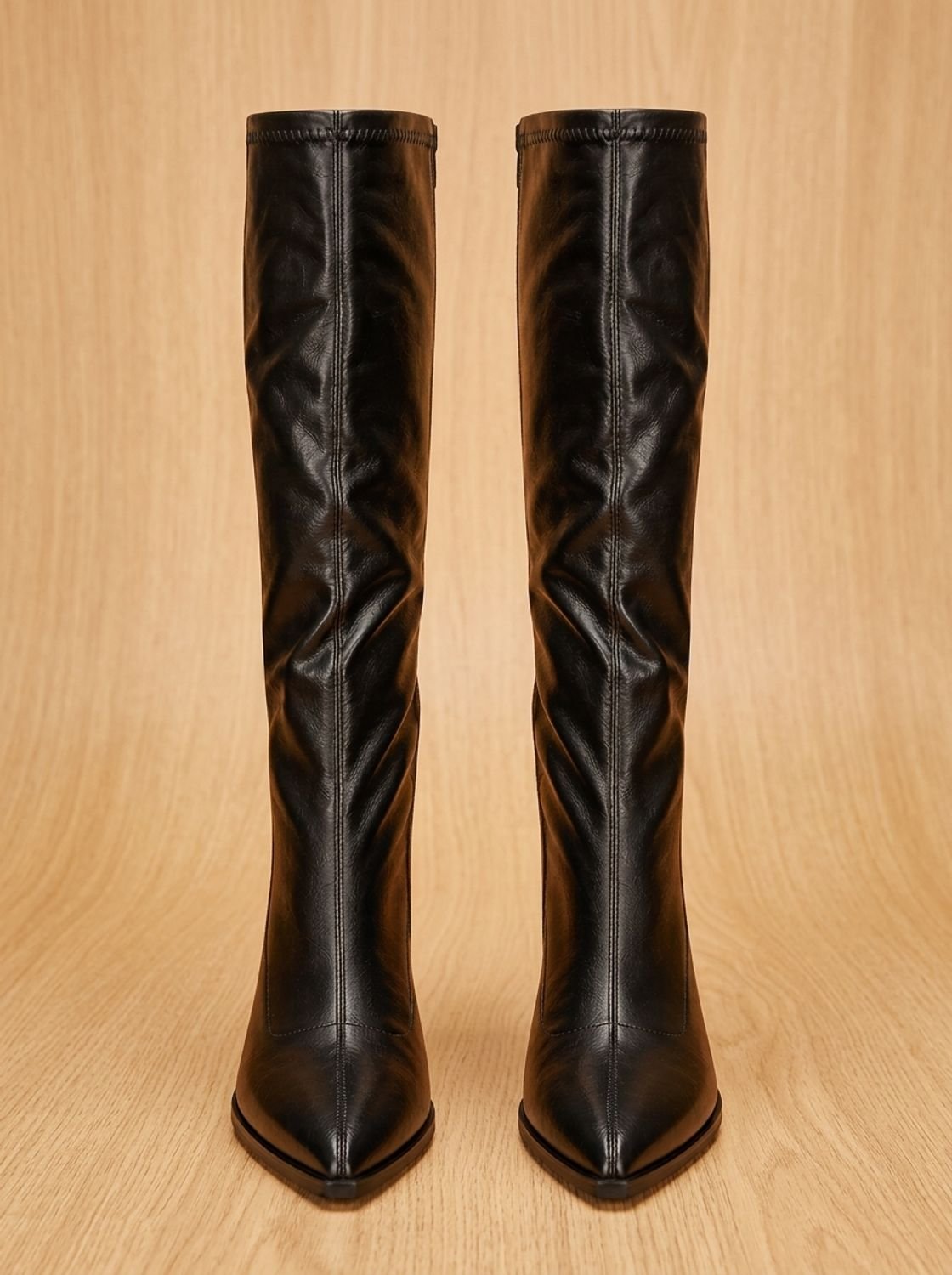 Women's Slim-Fit Pointed Faux Leather Knee Boots with Block Heel