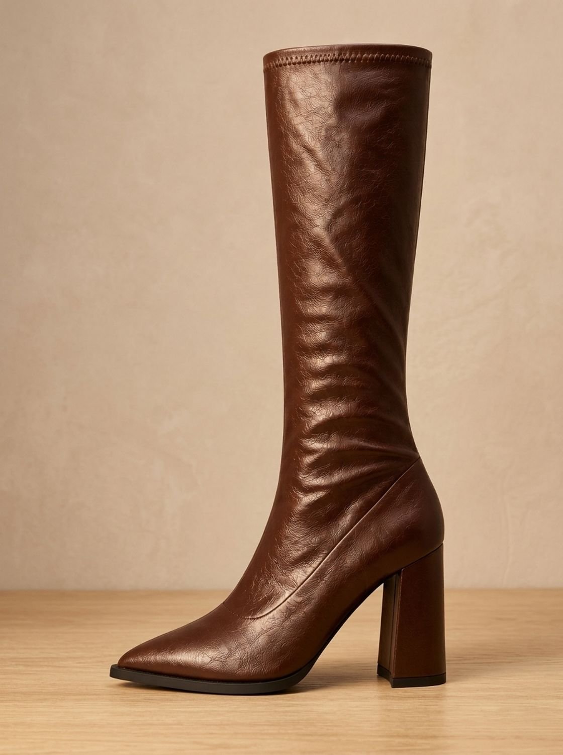 Women's Slim-Fit Pointed Faux Leather Knee Boots with Block Heel - Brown