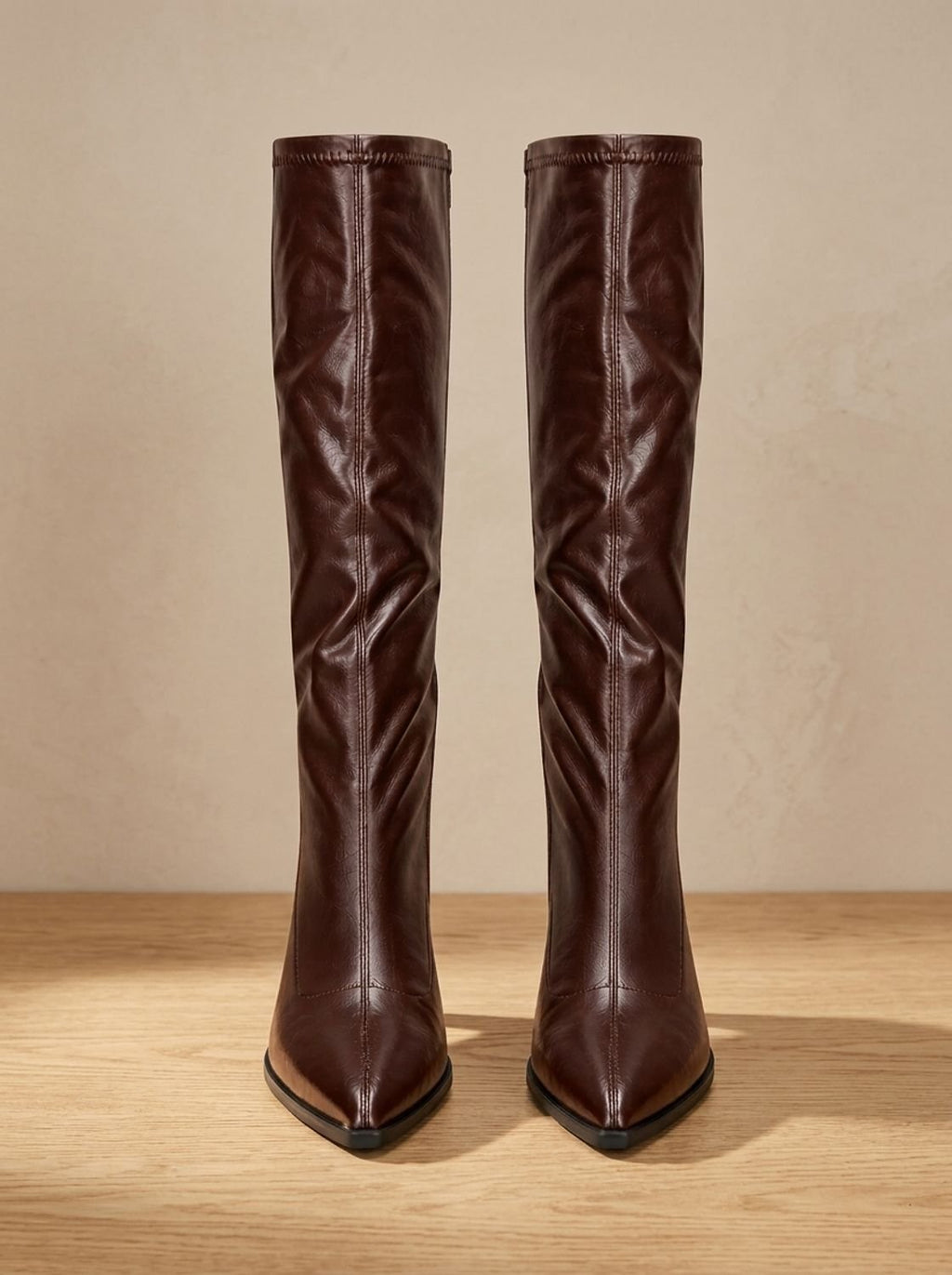 Women's Slim-Fit Pointed Faux Leather Knee Boots with Block Heel