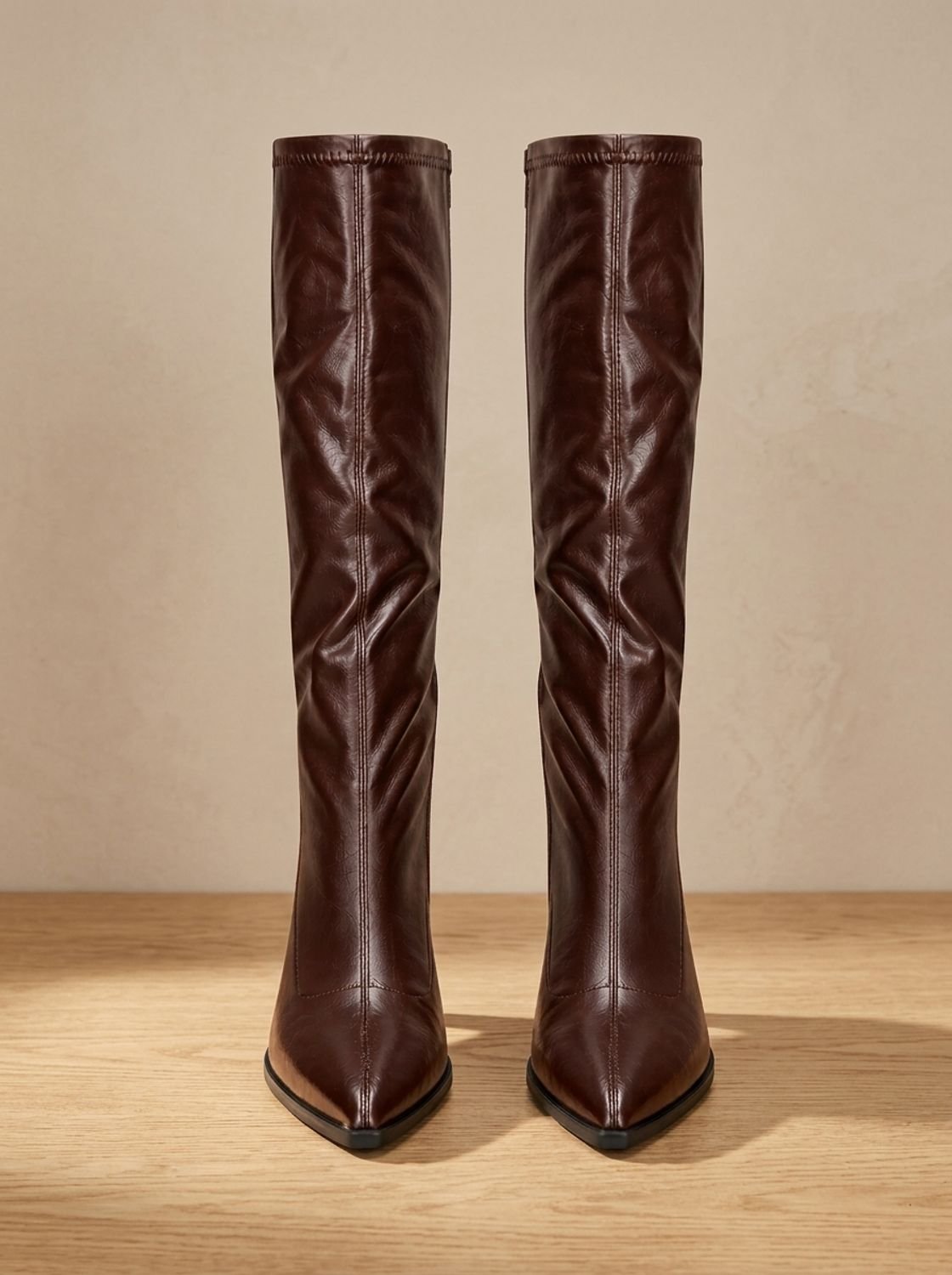 Women's Slim-Fit Pointed Faux Leather Knee Boots with Block Heel