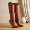 Women's 10 cm Stiletto Tall Boots with Inner Zip and Pointed Toe - Brown Leather