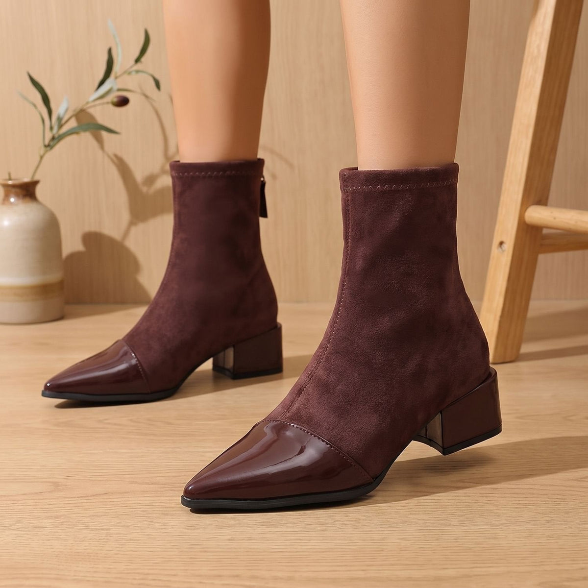 Women's Contrast-Texture Pointed-Toe Boots on a Block Heel