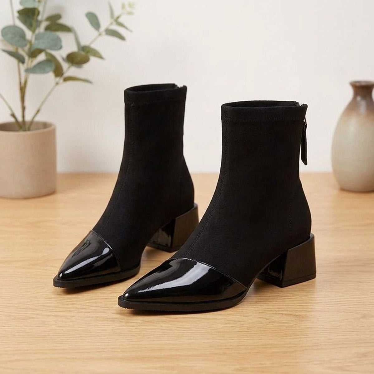 Women's Contrast-Texture Pointed-Toe Boots on a Block Heel