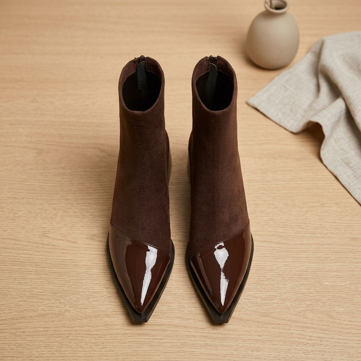 Women's Contrast-Texture Pointed-Toe Boots on a Block Heel