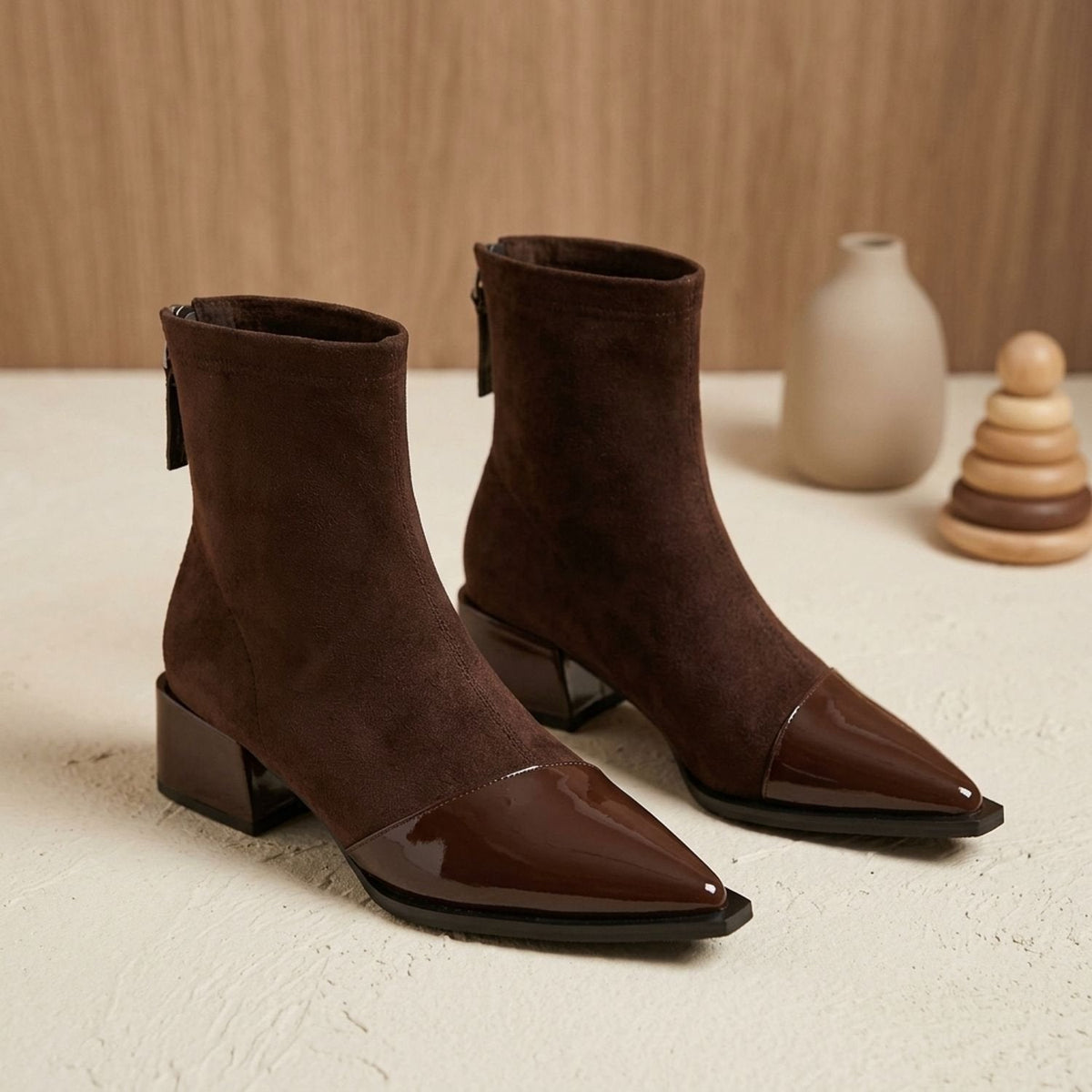 Women's Contrast-Texture Pointed-Toe Boots on a Block Heel