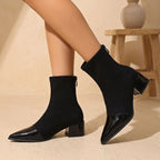 Women's Contrast-Texture Pointed-Toe Boots on a Block Heel