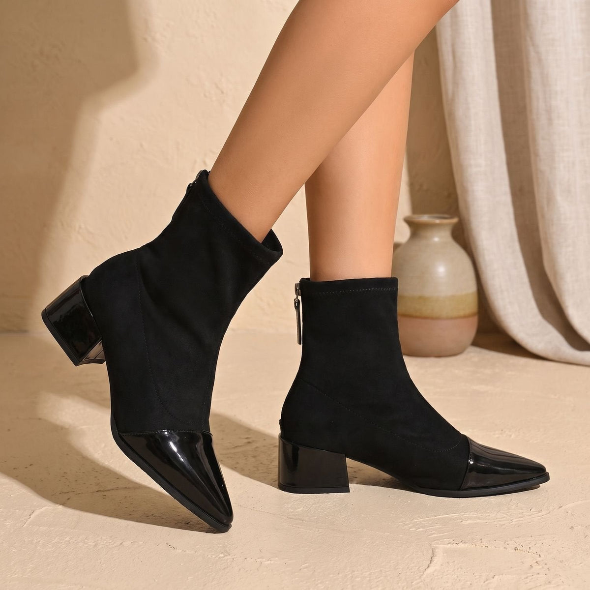 Women's Contrast-Texture Pointed-Toe Boots on a Block Heel